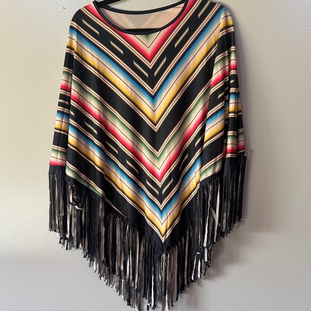 Colorful Striped Fringe Poncho